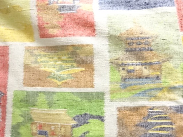  アンティーク　枡に寺院模様織出し手織り紬着物